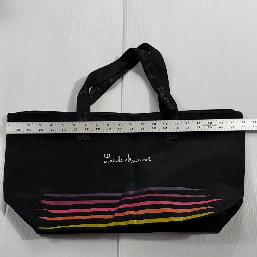 77. Little Marcel Black Tote with Colorful Stripes